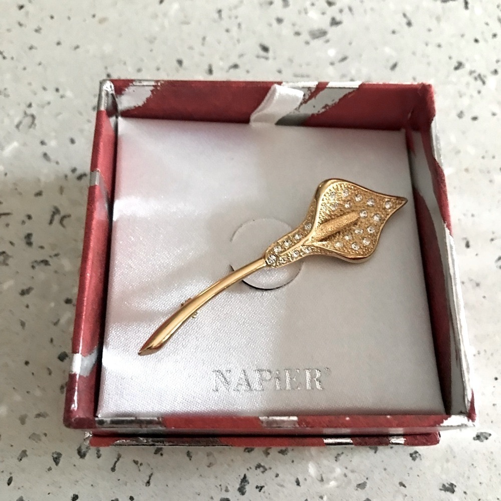 Napier Gold-Tone Calla Lily Flower Brooch, Pave Set Rhinestones in …